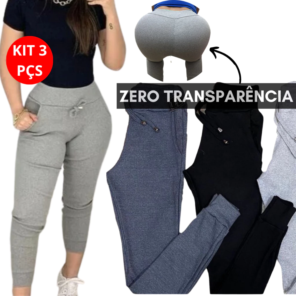 KIT 3 Calça Jogger Ribana Feminina Cintura Alta Tipo Calca Moletom Academia Feminino - Imagem 3