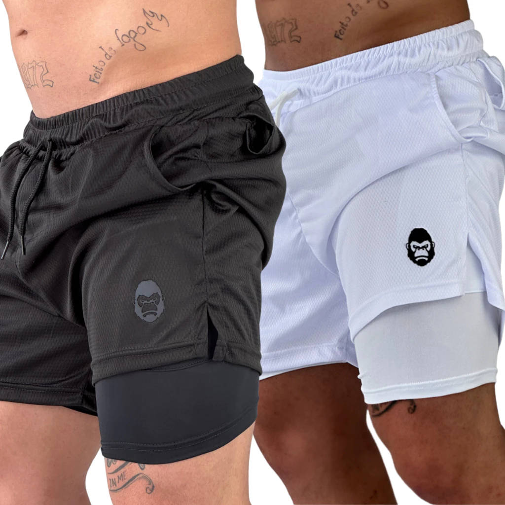 Kit 2 Shorts Masculino Kong 2 em 1 com Compressão, Bolso para Celular e Tecido Dry Fit - Imagem 6