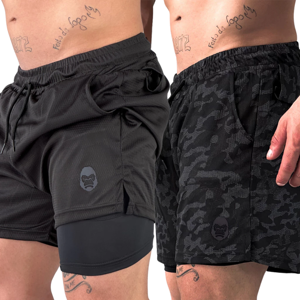 Kit 2 Shorts Masculino Kong 2 em 1 com Compressão, Bolso para Celular e Tecido Dry Fit - Imagem 5