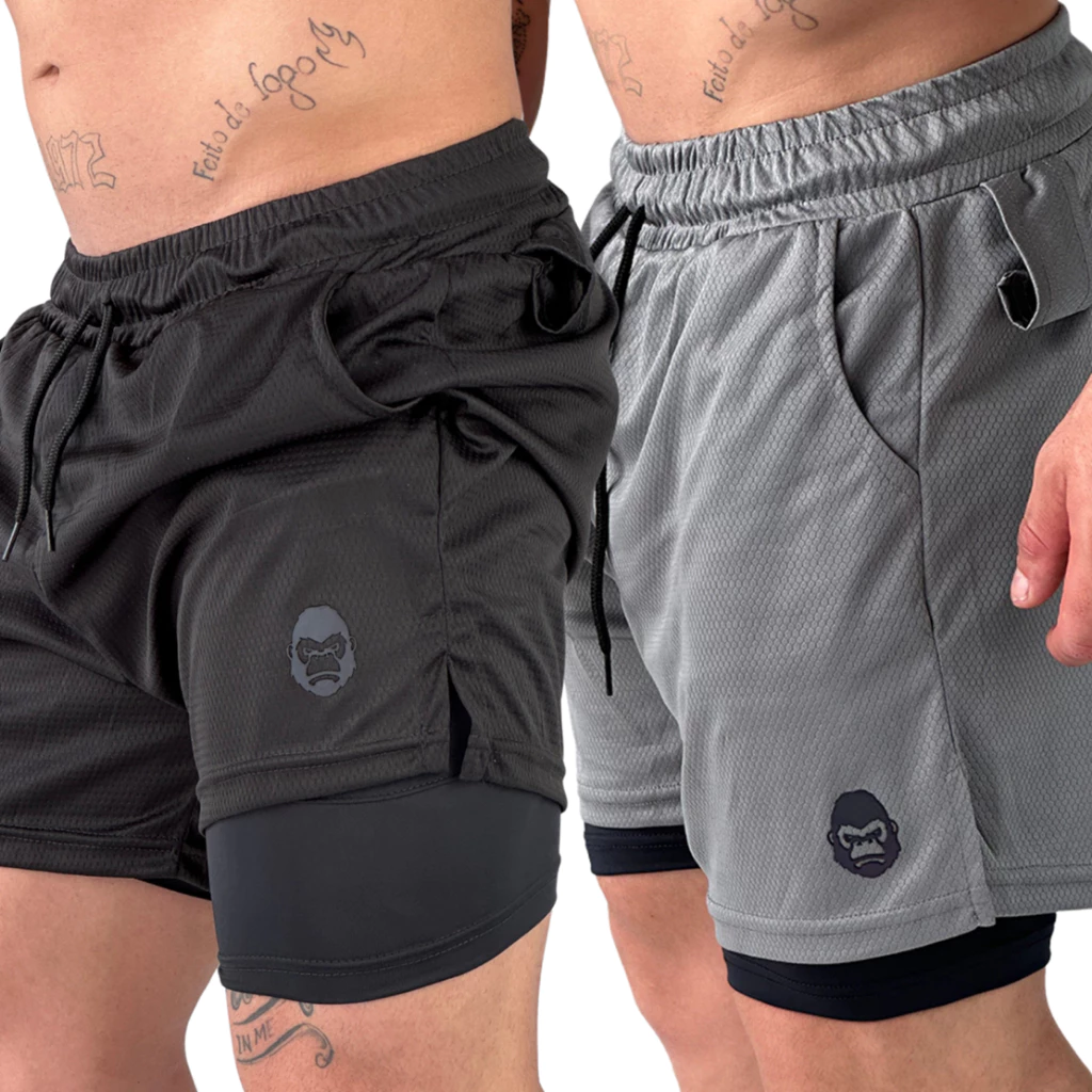 Kit 2 Shorts Masculino Kong 2 em 1 com Compressão, Bolso para Celular e Tecido Dry Fit - Imagem 4