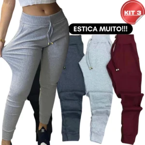 KIT 3 Calça Jogger Ribana Feminina Cintura Alta Tipo Calca Moletom Academia Feminino