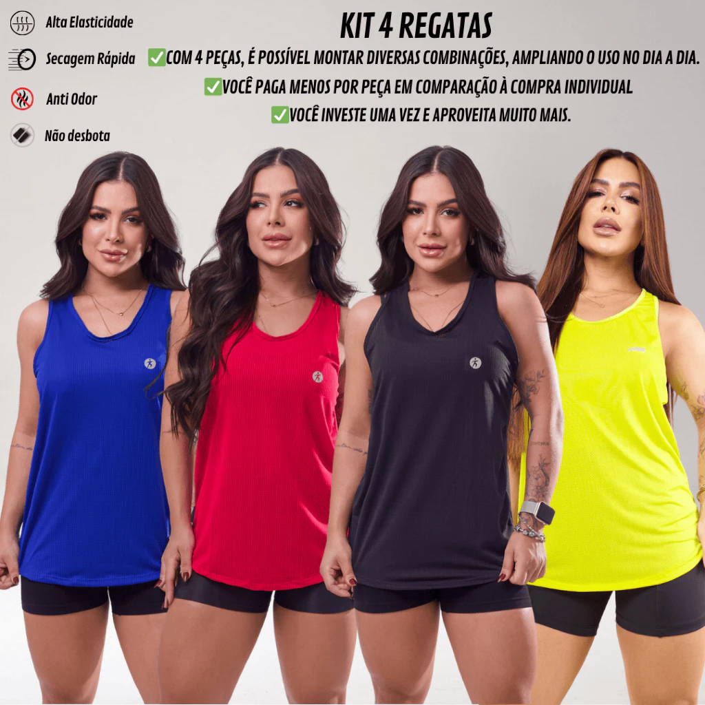 KIT 4 Regata Dry Fit Feminina Academia Costas Nadador Esportiva Confortável Lisa - Imagem 2
