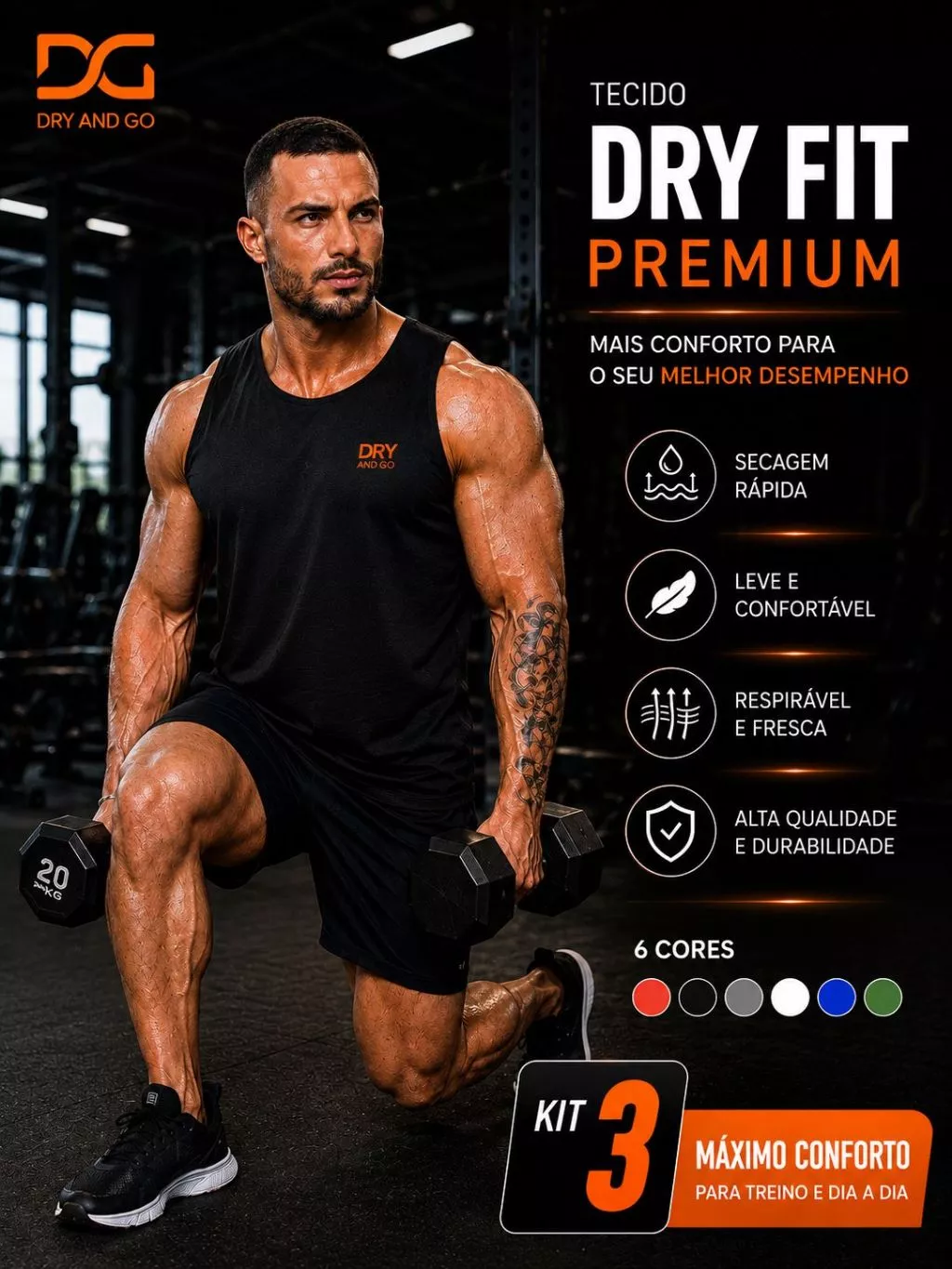 Kit 3 Regatas Dry Fit Masculina Academia Treino Leve Respirável Dry And Go - Imagem 5