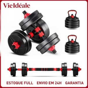 Kit 6 Em 1 Musculação 15kg Halteres Anilhas Barras Kettlebell Ajustáveis