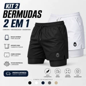 Kit 2 Shorts Masculino Kong 2 em 1 com Compressão, Bolso para Celular e Tecido Dry Fit