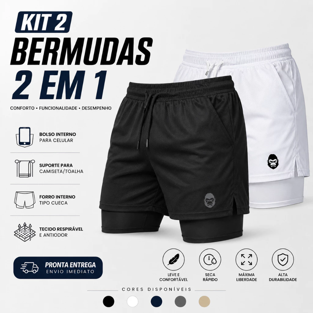 Kit 2 Shorts Masculino Kong 2 em 1 com Compressão, Bolso para Celular e Tecido Dry Fit