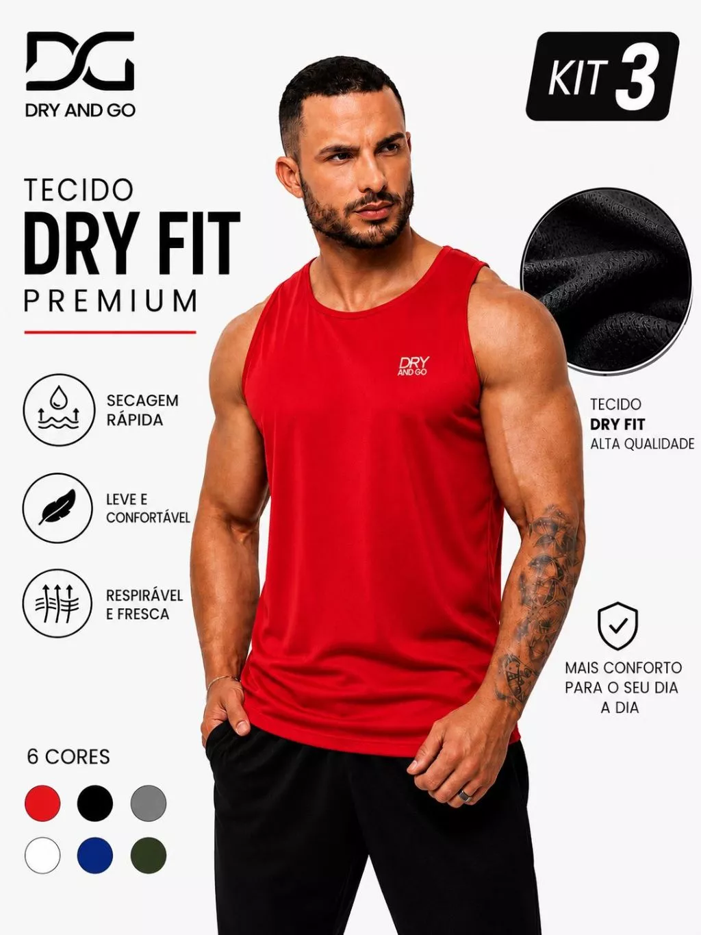 Kit 3 Regatas Dry Fit Masculina Academia Treino Leve Respirável Dry And Go - Imagem 4