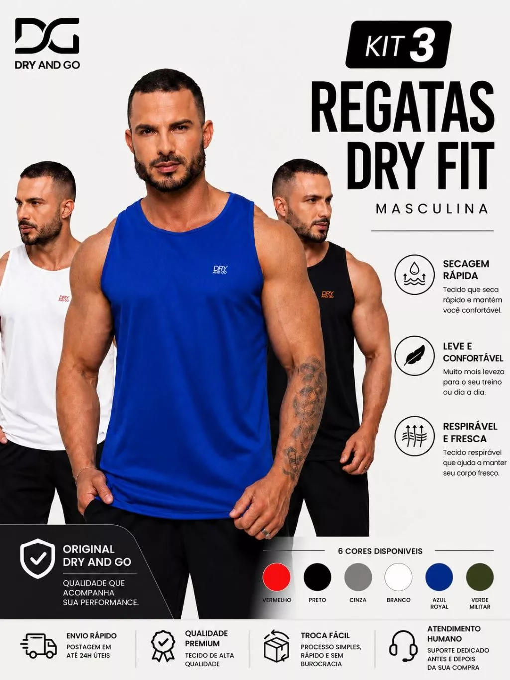 Kit 3 Regatas Dry Fit Masculina Academia Treino Leve Respirável Dry And Go